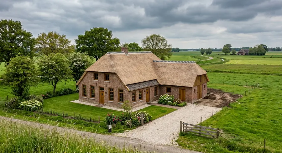 Gerestaureerde Drentse boerderij met rieten dak en nieuwe eiken kozijnen
