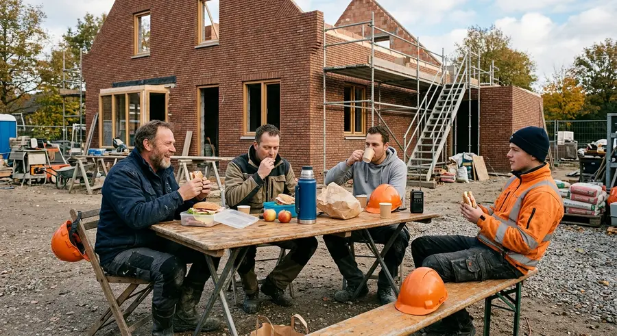 Vier bouwvakkers lunchen aan een klaptafel op de bouwplaats