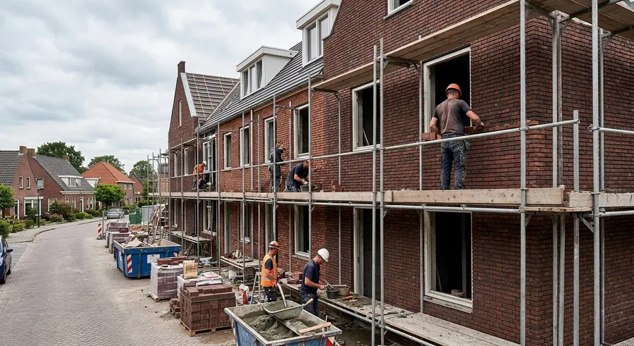 Metselaars op de steiger bij nieuwe rijwoningen
