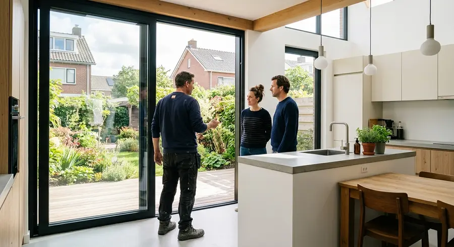 Jelle Hofstede bespreekt een nieuwe keukenuitbouw met de bewoners