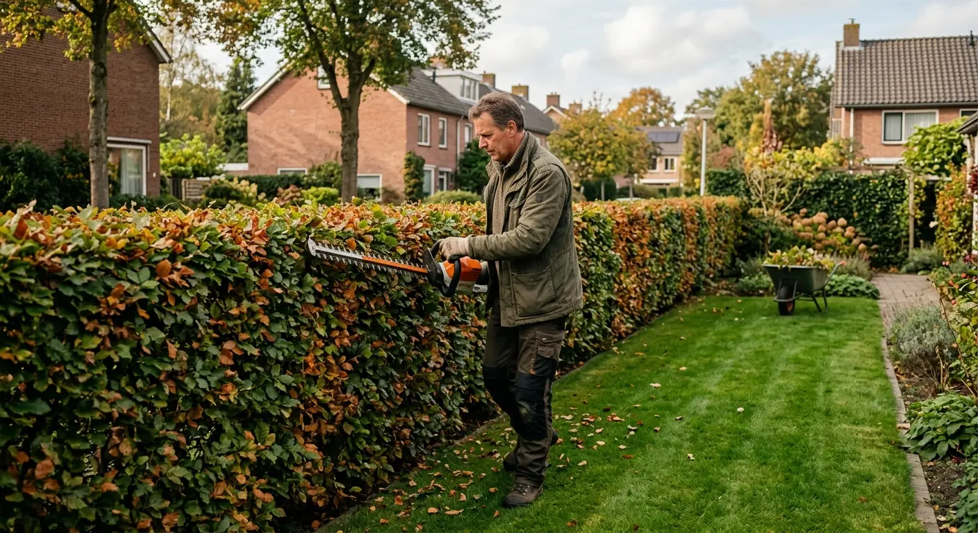 Een hovenier knipt een lange beukenhaag in een achtertuin in Amersfoort