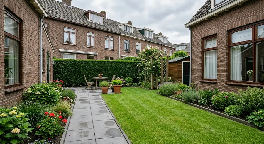 Een kleine, verzorgde achtertuin met gazon en strakke haag