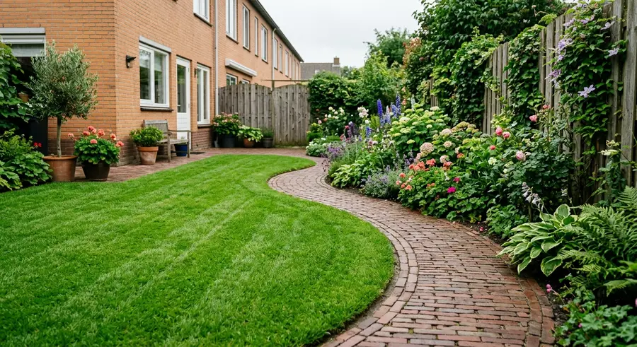 Gemaaid gazon met een bakstenen pad en volle borders