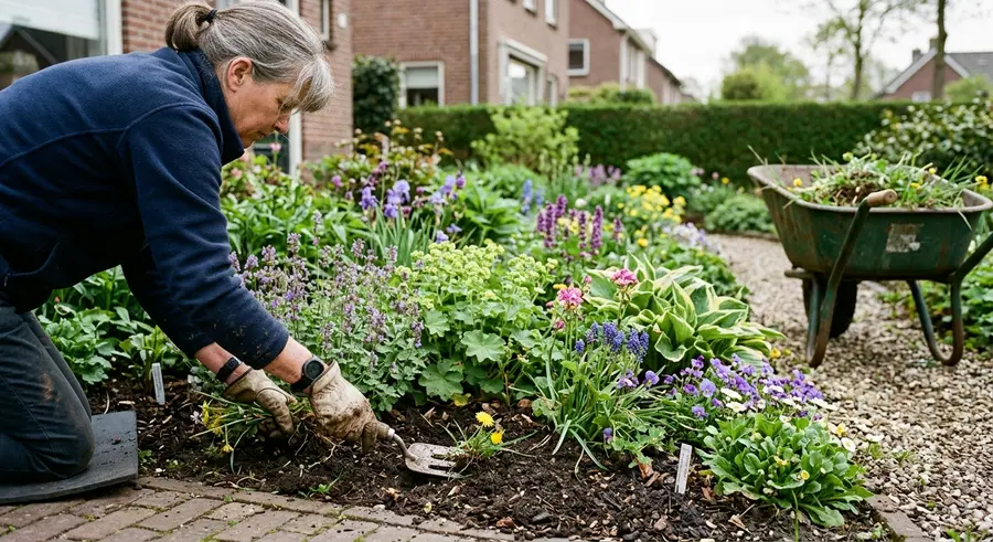 Een hovenier wiedt een border met vaste planten