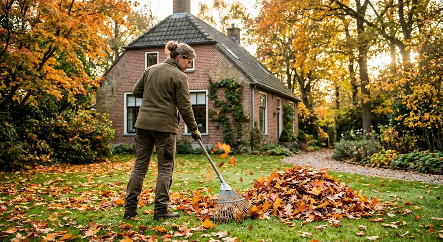 Een hovenier harkt herfstblad op een gazon voor een bakstenen huis
