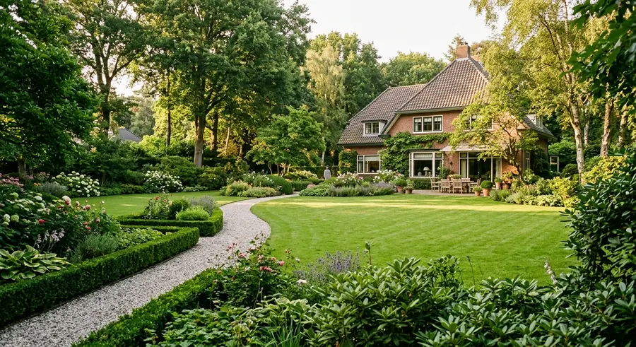Grote tuin met breed gazon, oude bomen en een grindpad