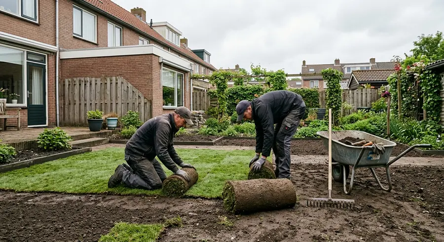 Twee hoveniers leggen nieuwe graszoden in een achtertuin