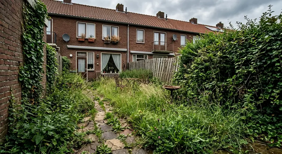 Verwaarloosde achtertuin met lang gras en onkruid tussen de tegels