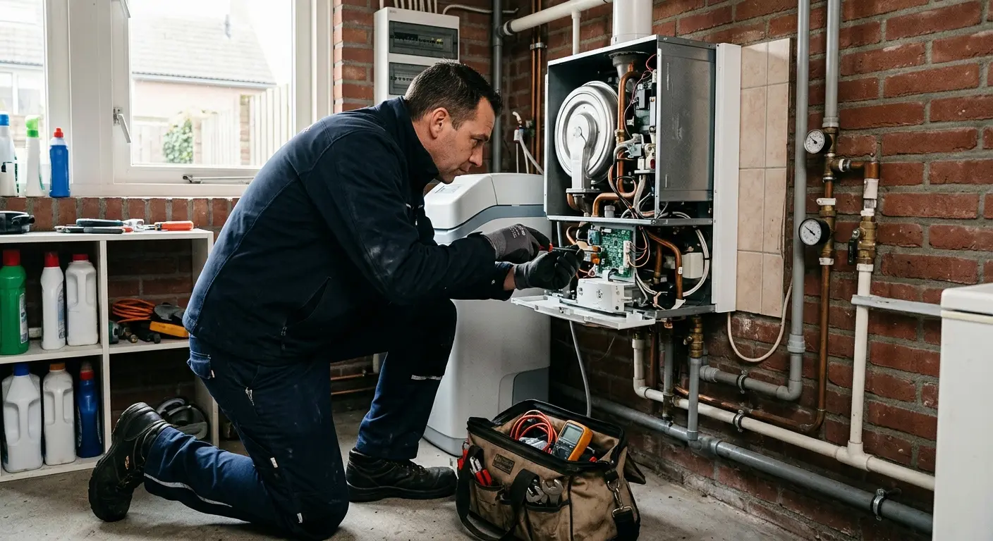 Een servicemonteur onderhoudt een cv-ketel in een bijkeuken