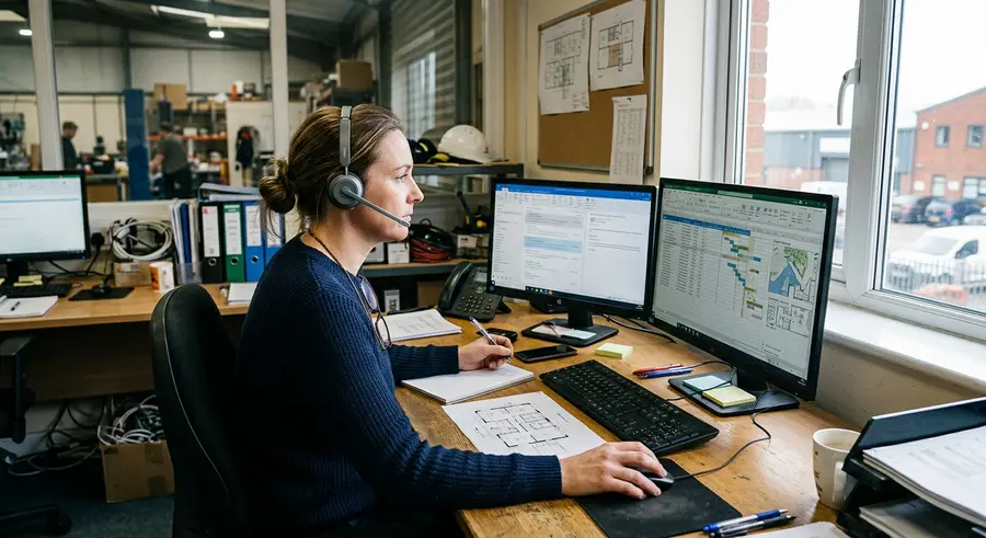 Een planner met headset achter twee beeldschermen
