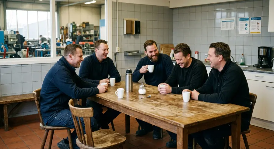 Vijf monteurs drinken koffie aan een lange houten tafel in de kantine