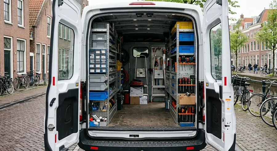 De open achterdeuren van een witte servicebus met opgeruimde stellingen vol onderdelen