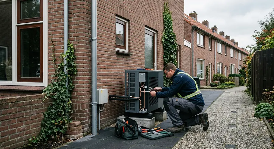 Een monteur installeert een buitenunit van een warmtepomp naast een rijtjeshuis