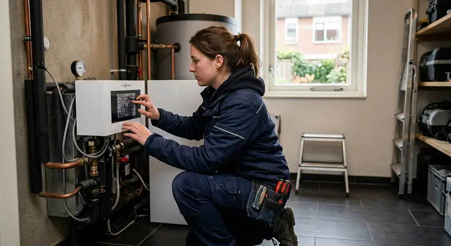 Een monteur controleert het bedieningspaneel van een warmtepomp