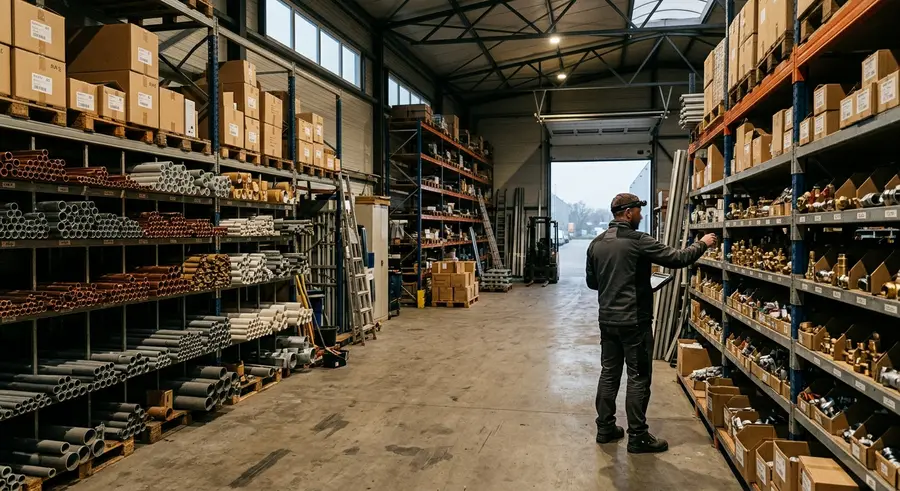 Een magazijn met stellingen vol buizen, fittingen en dozen