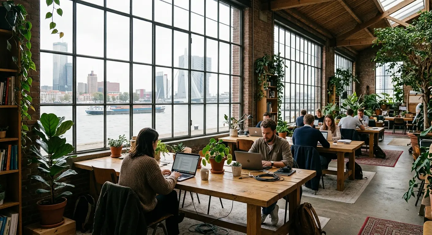 Werkplekken met eikenhouten tafels achter stalen ramen aan de Maas