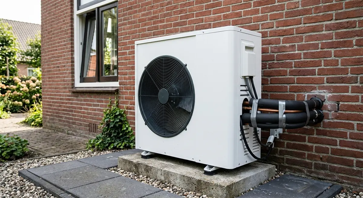 Buitenunit van een warmtepomp tegen een bakstenen gevel, met leidingen door de muur