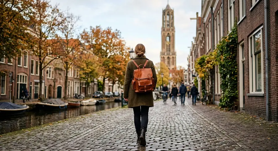 Iemand loopt met de rugzak over een gracht in Utrecht