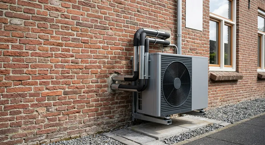 Buitenunit van een warmtepomp tegen een bakstenen gevel