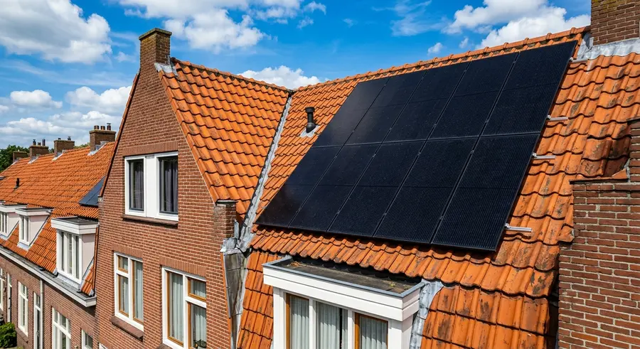 Zwarte zonnepanelen op een dak met oranje pannen