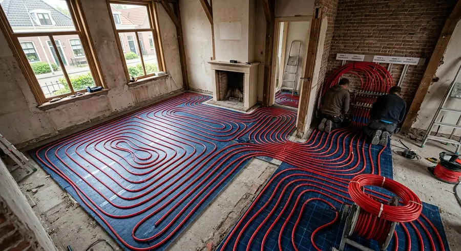 Leidingen voor vloerverwarming in een woonkamer