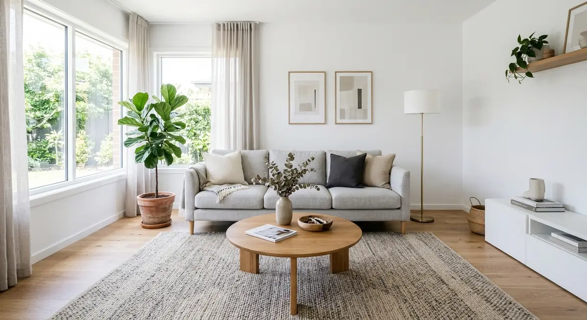 Lichte woonkamer met grijze bank, ronde eiken salontafel, messing vloerlamp en een vijgenboom