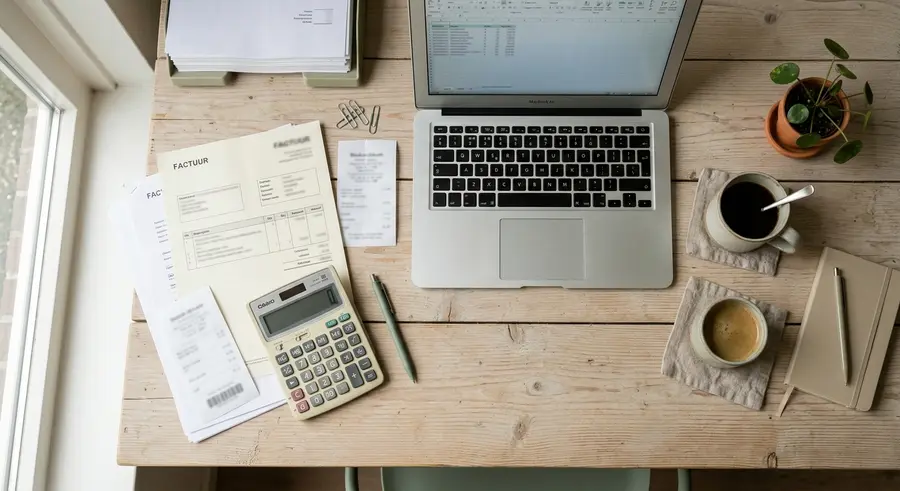 Bureau met facturen, rekenmachine en laptop