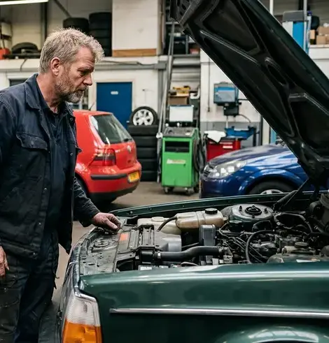 Monteur Henk Voortman bij een oude Volvo