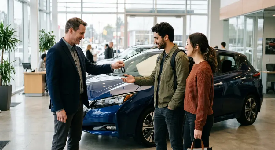 Sanne Brinkman geeft de sleutels van een auto aan een stel