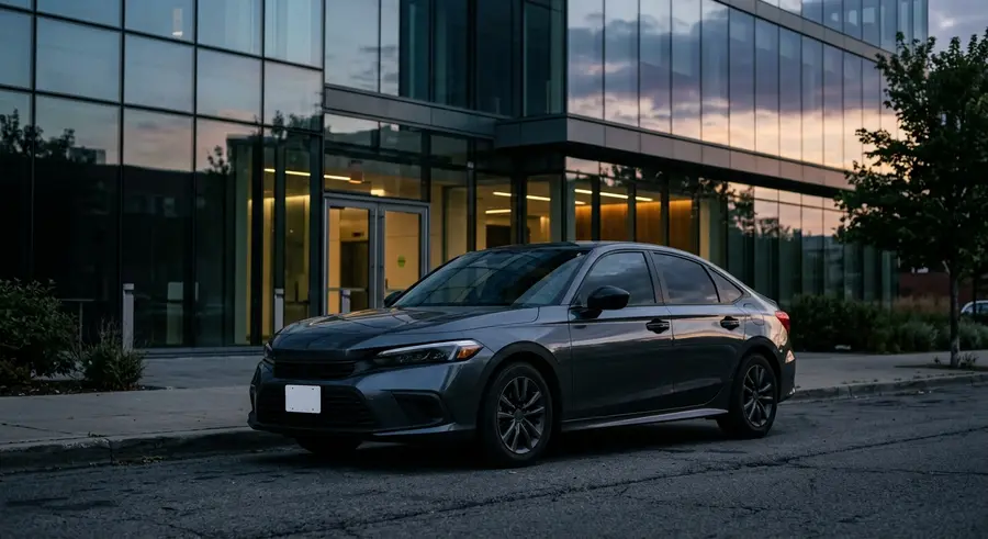 Donkergrijze Honda Civic sedan voor een glazen gevel