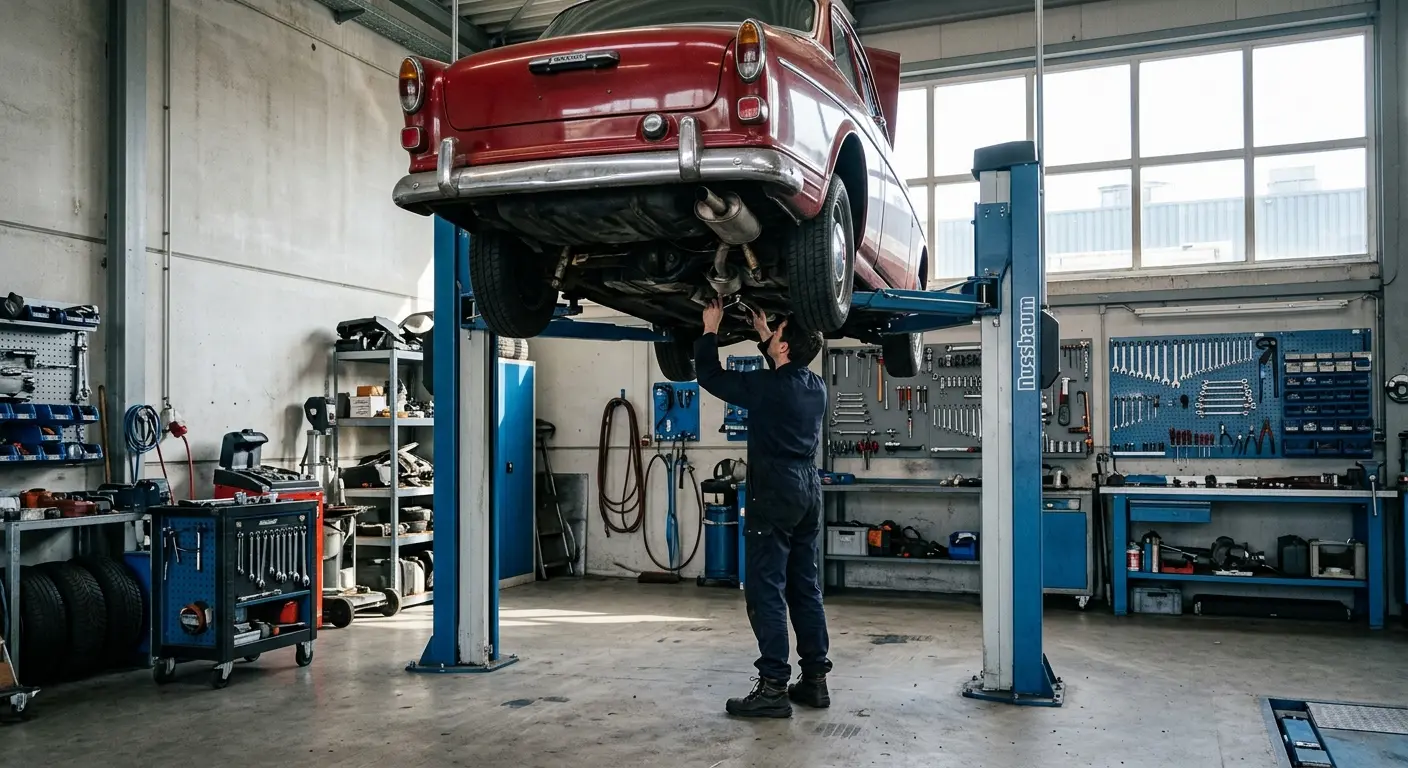 De werkplaats van Brinkman met een auto op de brug
