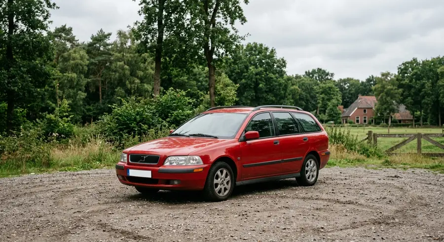 Rode Volvo V70 stationwagen op een grindterrein