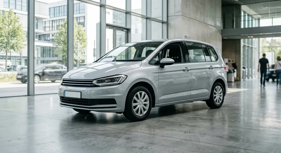 Zilvergrijze Volkswagen Touran in de showroom