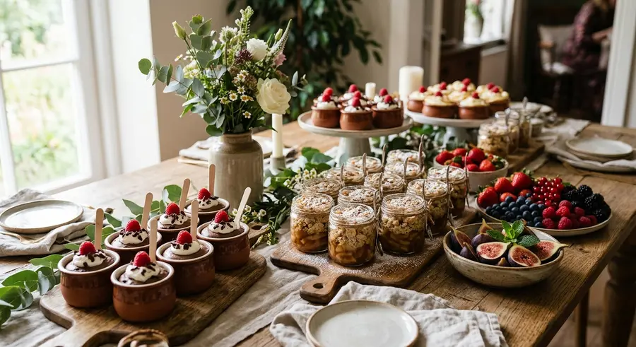 Desserttafel met chocolademousse en appelcrumble