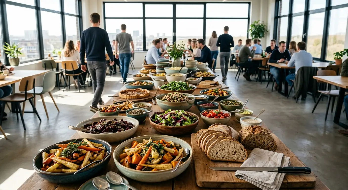 Lang buffet met geroosterde groente, salades en zuurdesembrood in een kantoorkantine
