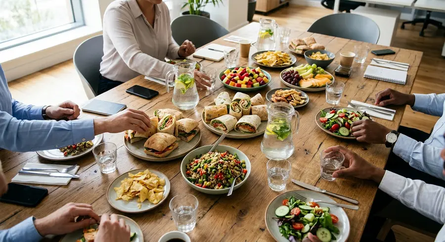 Collega's pakken broodjes en salades van een vergadertafel