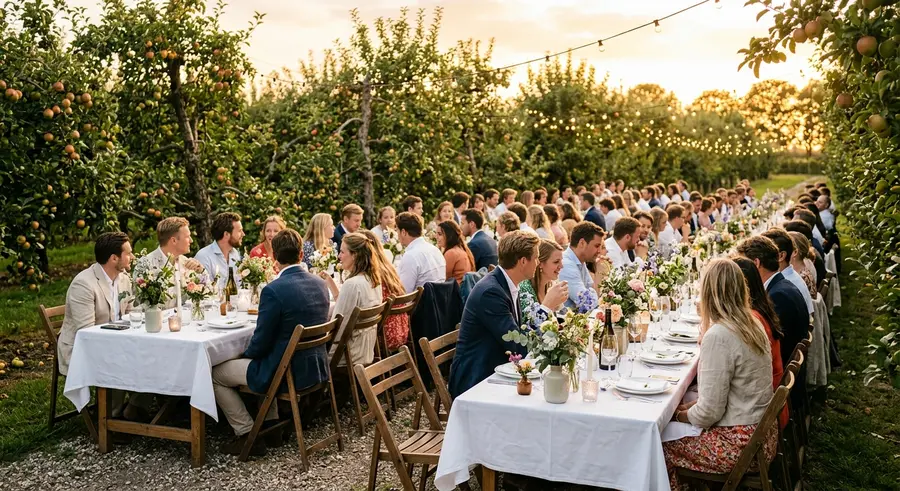 Lange gedekte tafels voor een bruiloft in een boomgaard