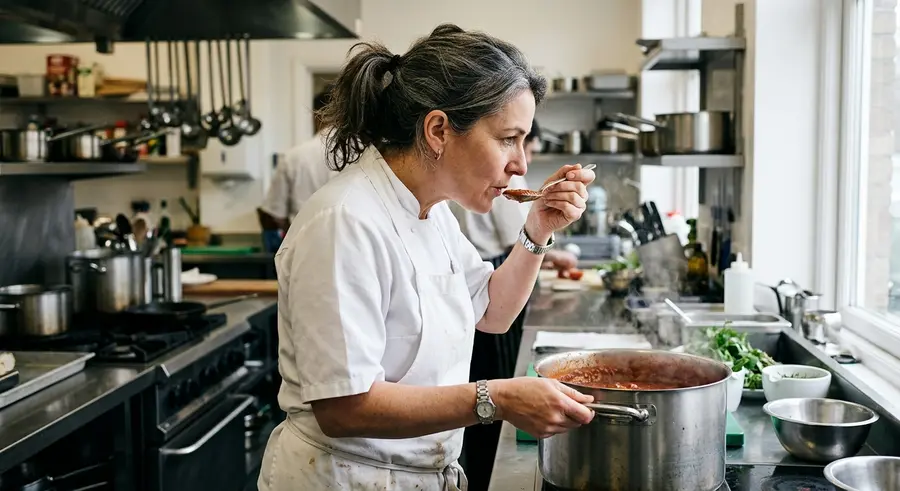 Mares Veenstra proeft een saus in de keuken