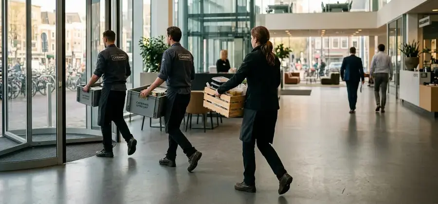 Medewerkers dragen kratten met lunch een kantoor binnen