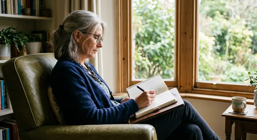 Ilse maakt aantekeningen in een leunstoel bij het raam