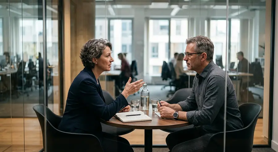 Een coachgesprek aan een ronde tafel in een vergaderruimte