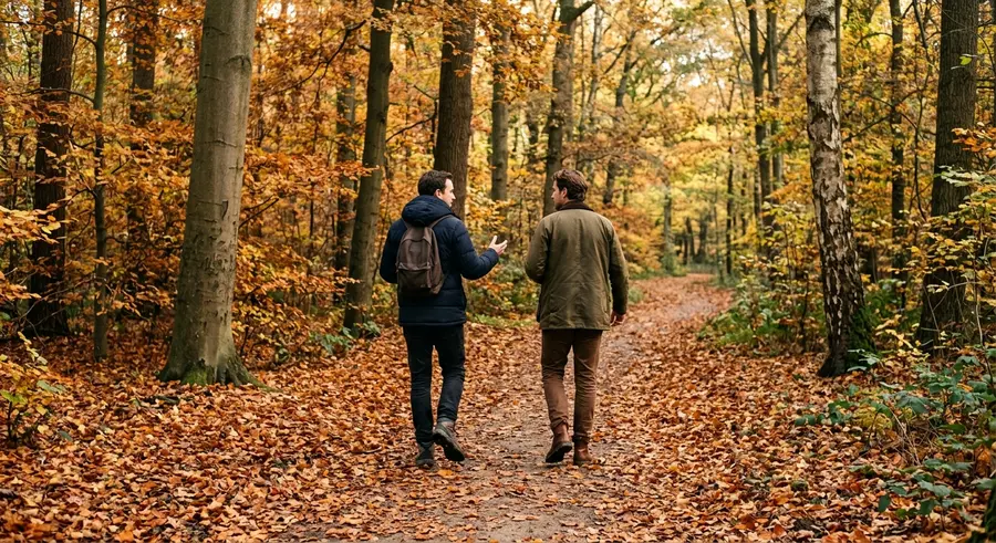 Twee mensen lopen en praten over een bospad in Park Sonsbeek in de herfst