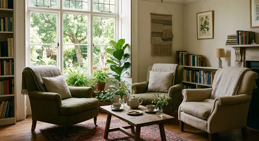 De praktijkkamer met twee leunstoelen, thee en planten