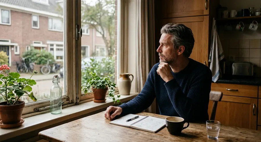 Een man denkt na aan de keukentafel met een notitieboek en koffie