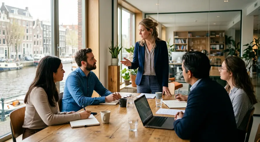 Een jonge leidinggevende leidt een overleg met haar team