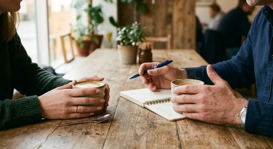 Twee paar handen om koffiekopjes naast een notitieboek