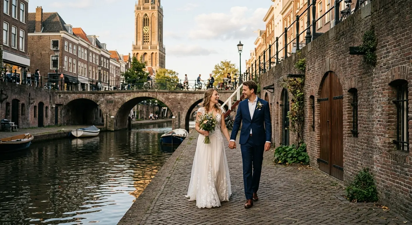 Mila en Joost lopen hand in hand over de werf van de Oudegracht in Utrecht