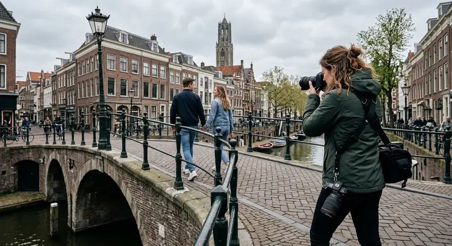 Femke fotografeert een bruidspaar op een brug in Utrecht