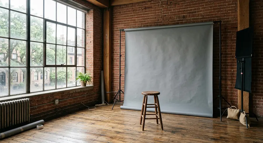 De lege studio met grijs achterdoek, een kruk en een groot fabrieksraam