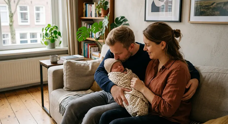 Jonge ouders met hun pasgeboren baby op de bank
